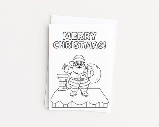 Santa on Roof Coloring Card